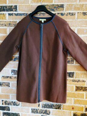 NWT Sigrid Olson Brown Cotton Knit Leather Trim Coat